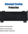 Low Pressure Drop Transmission Oil Cooler Kit Black 8.5 By 22.75 By 1.3 Inches With Mounting Hardware For Heavy Duty Rigs And Trucks Up To 40,000 GVW LPD47391 featuring advanced cooling protection with text highlighting efficient heat dissipation, effective heat exchange, and stable temperature maintenance.