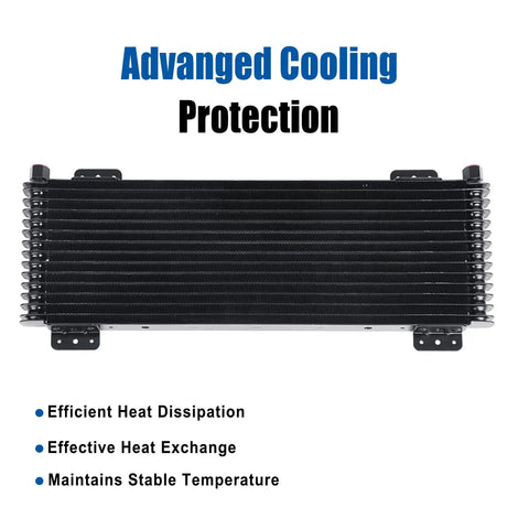 Low Pressure Drop Transmission Oil Cooler Kit Black 8.5 By 22.75 By 1.3 Inches With Mounting Hardware For Heavy Duty Rigs And Trucks Up To 40,000 GVW LPD47391 featuring advanced cooling protection with text highlighting efficient heat dissipation, effective heat exchange, and stable temperature maintenance.