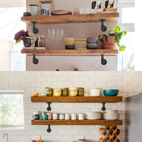 Beefy Iron Pipe Shelf Brackets For 7 To 14 Inch Boards, L Style Floating Shelves in kitchen, heavy duty black metal, 6 pack