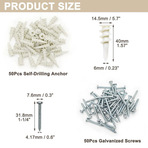 Heavy Duty Self Drilling Drywall Anchors Kit With Screws Size Eight One And One Quarter Inch 100 Piece Assortment Includes Fifty Plastic Sheetrock Anchors And Fifty Phillips Screws For Hanging Shelves Mirrors Pictures And Wall Mounts In Drywall with anchor and screws size details