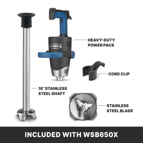 Top Shelf Commercial Immersion Blender With 18 Inch Stainless Steel Shaft And Variable Speed Motor with heavy-duty power pack and accessories.