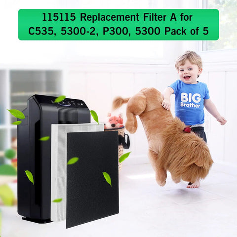 Premium True HEPA Replacement Filter Kit With Four Carbon Prefilters For Your Air Purifier Odor Free And Easy To Install Save Money With This Budget Friendly Replacement Set Fits 115115 Size 21 next to playful child and dog in room.