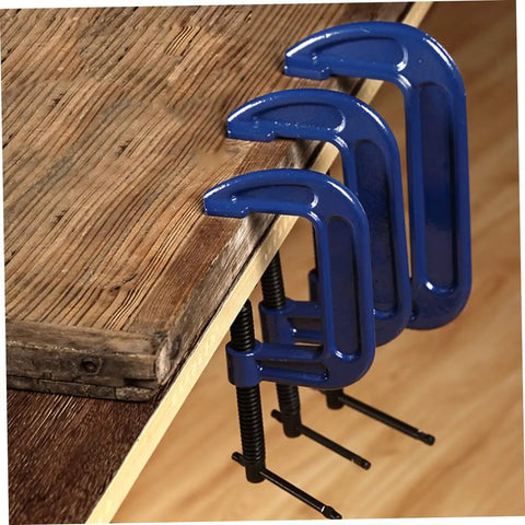 Beefy Heavy Duty 4 Inch G Clamps For Woodworking, Metal Tabletop Mount Clamp with Thickened Steel Frame shown installed on workbench