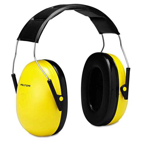 Over The Head Earmuffs With Pivoting Ear Cups For Max Hearing Protection Optime 98 H9A Style with yellow and black design