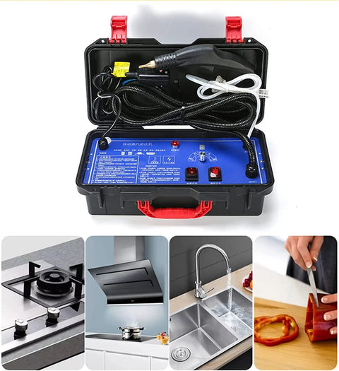 Portable Cordless Steam Cleaner For Car And Home Use. High pressure handheld steamer in a carrying case, designed for easy cleaning.