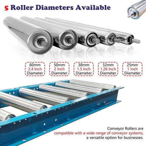 Hella Tough Galvanized Steel Gravity Conveyor Rollers in various diameters mounted on a blue frame for industrial material handling.