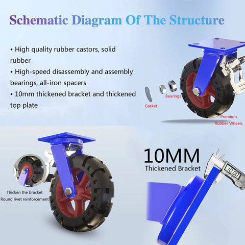 Schematic diagram showing Heavy Duty Industrial Swivel Casters With Solid Natural Rubber Wheels components and 10mm thickened bracket.