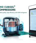 Two Cubigel compressors for Straight Fire Commercial Display Freezer With Three Glass Doors And Seventy Cubic Feet Storage, R290 refrigerant.