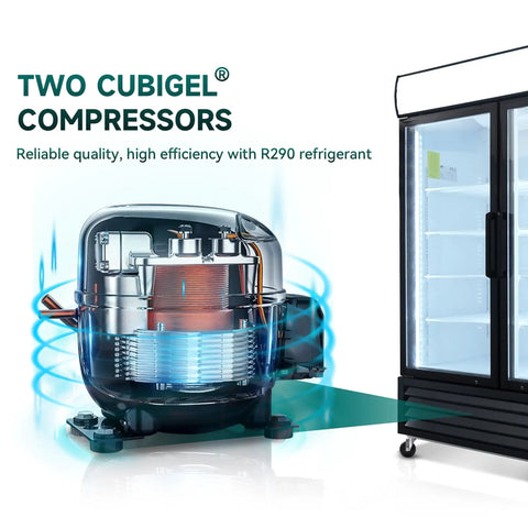 Two Cubigel compressors for Straight Fire Commercial Display Freezer With Three Glass Doors And Seventy Cubic Feet Storage, R290 refrigerant.