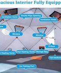 Interior view of Portable Hexagon Ice Fishing Shanty Tent With Integrated Stove Jack showing windows, ventilation, and ice fishing port.