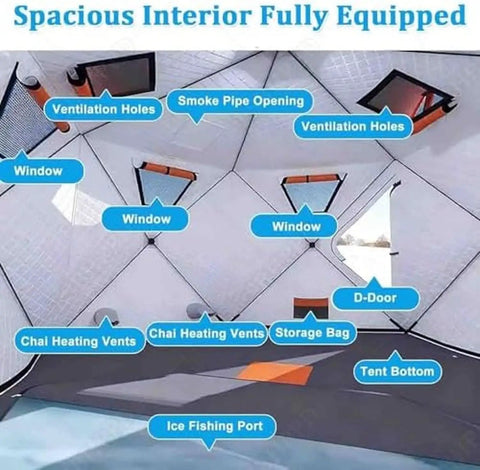 Interior view of Portable Hexagon Ice Fishing Shanty Tent With Integrated Stove Jack showing windows, ventilation, and ice fishing port.
