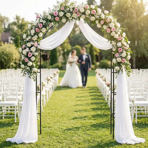 Rust-Resistant Galvanized Metal Garden Arch Trellis, 4.6 Ft Wide By 7.6 Ft Tall, Heavy-Duty Outdoor Arbor decorated for a wedding.