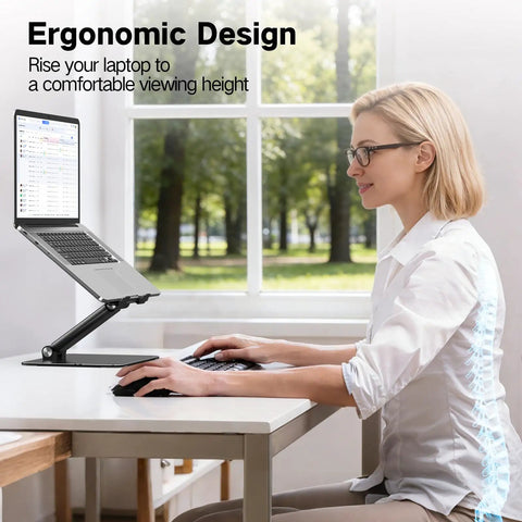 Adjustable Laptop Stand For Desk With Foldable Metal Riser And Portable Ventilated Cooling Holder The Go To Ergonomic Laptop Riser For 10 To 17 Inch Notebooks in use
