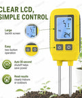 4 In 1 NPK Soil Tester With Real Time Readings, Temperature And LCD Backlit Display, showing controls and LCD screen.