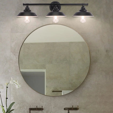Three Light Bathroom Vanity Light With Industrial Vintage Farmhouse Rustic Style Black Matte Finish Wall Sconce Fixture For Bathrooms And Powder Rooms That Slaps above round mirror.