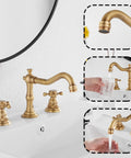 Super Stylish Two Handle Widespread Bathroom Sink Faucet In Warm Antique Brass Finish Including Matching Metal Pop Up Drain With Overflow For Your Vanity Basin Perfect Solid Brass Build Adjustable 8 To 16 Inch Centers displayed on white basin
