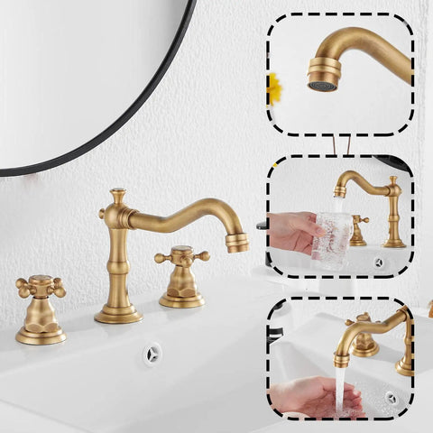 Super Stylish Two Handle Widespread Bathroom Sink Faucet In Warm Antique Brass Finish Including Matching Metal Pop Up Drain With Overflow For Your Vanity Basin Perfect Solid Brass Build Adjustable 8 To 16 Inch Centers displayed on white basin