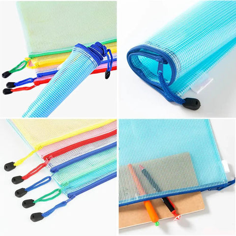 Slick Clear Plastic Zipper Document Bags Pack of Fifteen in Five Bright Shades With No Sweat Closure and Handy Wrist Loop for Receipts Checks Paperwork and All Your Gear in various colors and sizes.