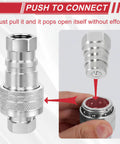 Front view of a silver hydraulic quick-connect coupling with dust cap, 1/2 in NPT thread