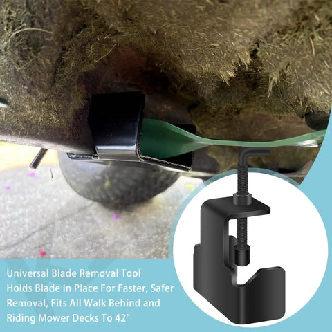 Universal Mower Blade Removal Tool And Clamp For Walk Behind And Riding Mowers Up To 42 Inch Deck in use under mower deck.