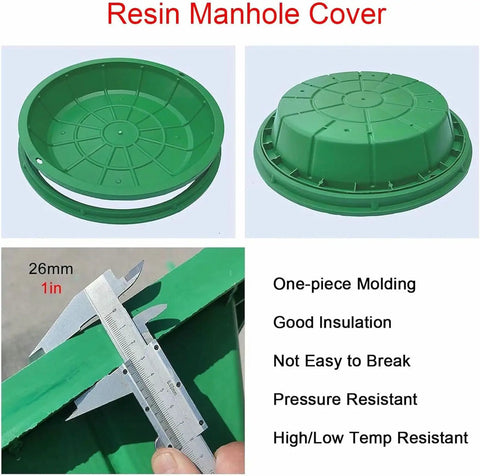 Heavy-Duty Resin Garden Manhole Cover With Frame And Access Hole For Lawn And Landscape Drainage, side view with measurement
