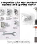 Must Have Bolt And Nut Set For Propane Patio Heaters with mounting screws displayed beside a heater and wrench on packaging