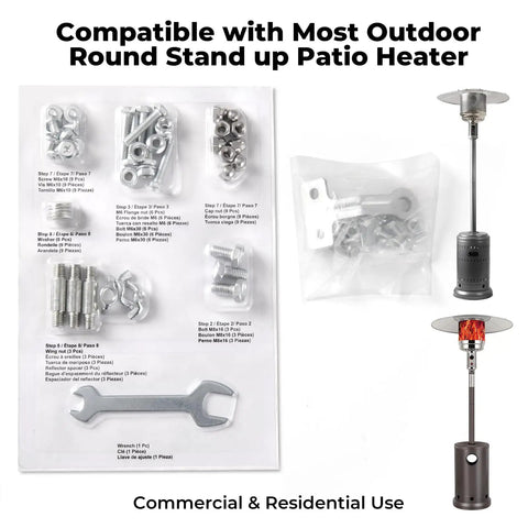 Must Have Bolt And Nut Set For Propane Patio Heaters with mounting screws displayed beside a heater and wrench on packaging