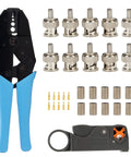 BNC Coax Connector Crimp Kit With RG58 RG59 10 Pack Includes Coax Stripper And Heavy Duty Ratchet Crimp Tool with connectors and tools.