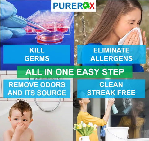 Collage showing lab test, woman sneezing, child washing, person cleaning window; "PURE ROX" text highlights disinfectant benefits.
