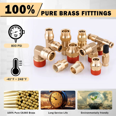 CheeMuii 136-pc brass DOT air line fittings kit, front view; push-to-connect, 1/8"–1/2" sizes for air hoses.