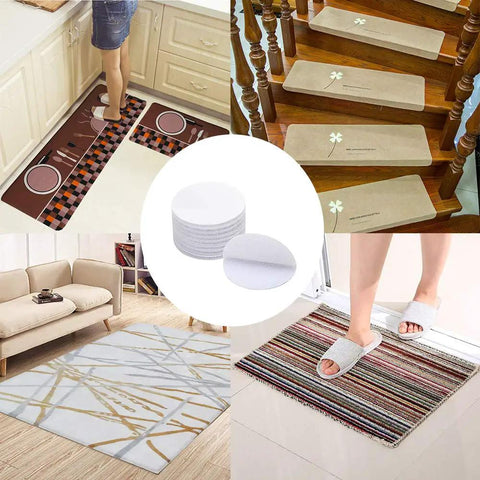 Heavy-Duty Removable Round Adhesive Hook And Loop Tapes For Wall Mounting shown with rugs and mats in various settings