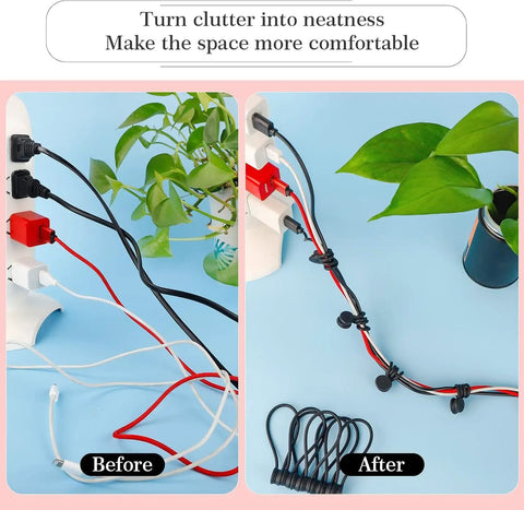 Before and after using Cord Organizer And Cable Ties Set With Super Handy Magnetic Clips, showing tidy cable arrangement.