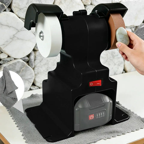 Asixxsix Mini Bench Grinder 250W Cordless Battery Powered Polishing Machine with two grinding wheels, ideal for metal and wood.