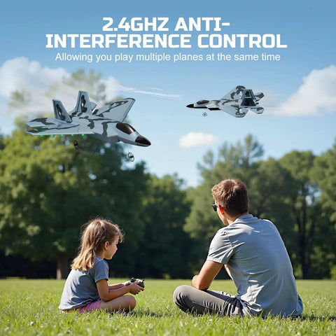 F22 Fighter Inspired RC Plane for Beginners and Kids in park, two flying models, remote control in child’s hands, outdoor play