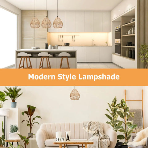 Natural Rattan Woven Pendant Lamp Shade With Hemp Rope Cover in modern kitchen and cozy living room setup