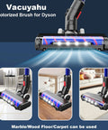 Motorized Vacuum Brush With Headlights For V6 Series Cordless Vacuums Replacement Roller With Soft And PP Bristles For Wood Floor And Carpet Cleaning Not Original shown with LED lights turned on, illustrating use on various floors.