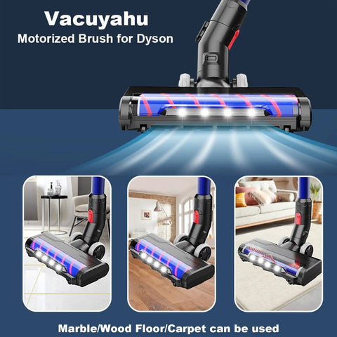 Motorized Vacuum Brush With Headlights For V6 Series Cordless Vacuums Replacement Roller With Soft And PP Bristles For Wood Floor And Carpet Cleaning Not Original shown with LED lights turned on, illustrating use on various floors.