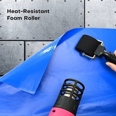 Two Inch Foam Seam Roller For Vinyl Wrap On Uneven Textured Surfaces and car wrapping rivet roller tool in use on blue vinyl.
