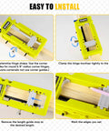 All In One Door Hinge Mortiser And Router Template Kit For 3 To 5 Inch Hinges With One Quarter Or Five Eighths Inch Thickness, Easy To Use Hinge Installation Jig For Square And Round Corner Doors, Produces Clean Mortises, Quick Setup, And Pro Level Fit shown in action with hinge template on wood.