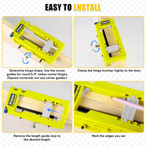 All In One Door Hinge Mortiser And Router Template Kit For 3 To 5 Inch Hinges With One Quarter Or Five Eighths Inch Thickness, Easy To Use Hinge Installation Jig For Square And Round Corner Doors, Produces Clean Mortises, Quick Setup, And Pro Level Fit shown in action with hinge template on wood.