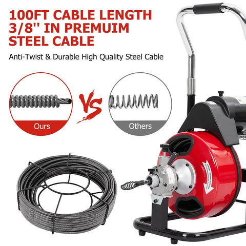 Heavy Duty Electric Drain Cleaner Auto Feed Snake With 3 8 By 100 Foot Steel Cable showing premium cable comparison and features.