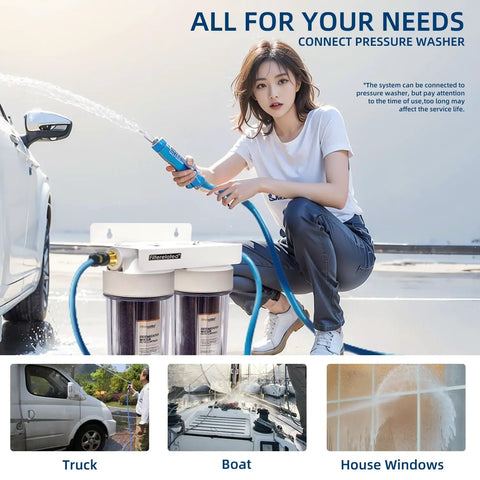 Zero Towel Drying Deionized Water Rinse System For Cars Trucks And Boats, shown in use with a woman rinsing a car.
