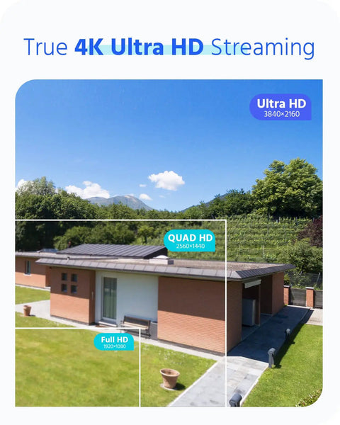 True 4K Ultra HD streaming quality shown in outdoor surveillance setup, linked to 4K 8 Channel Hybrid Security System With AI Motion Detection And Smart Search 5 In 1 DVR NVR Video Recorder HEVC H265 Remote Access Ready No HDD Included Easy Setup For Home Or Small Biz Surveillance.