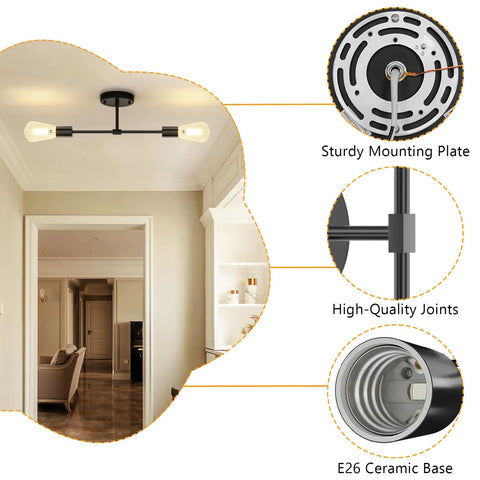 Modern Black Two Light Bathroom Vanity Sconce And Semi Flush Ceiling Fixture detail of mounting plate and ceramic base