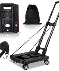 Front and side views of Jogtlyer folding hand truck with four wheels and retractable handle, includes carry bag and strap