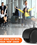 Office scene with people cheerfully using chairs featuring 2 Inch Chair Caster Wheel Set Of 5 Heavy Duty Replacement Wheels.
