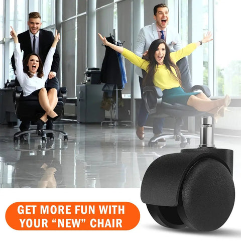 Office scene with people cheerfully using chairs featuring 2 Inch Chair Caster Wheel Set Of 5 Heavy Duty Replacement Wheels.