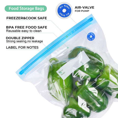 Reusable Sous Vide Vacuum Bag Kit For Meal Prep, BPA free bag with air valve, peppers inside, labeled for notes