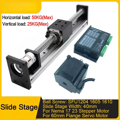 Heavy Duty XYZ Liner Block Linear Guide With 40mm Width And SFU1605 Ball Screw For Smooth Sliding Table Motion Up To 50kg Load Max In 600mm Length Setup with slide stage and motor.