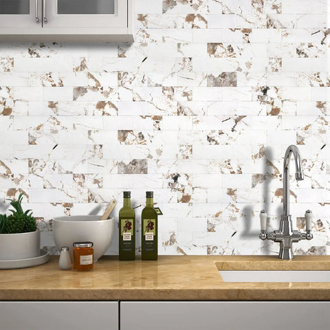 10 Sheet Subway Tile Peel And Stick Backsplash Kit With Self Adhesive PVC Tiles In Star White Marble And Light Grey Dolomite in kitchen